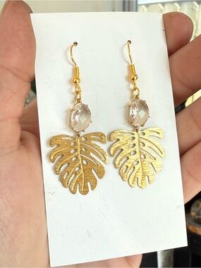 Gold brass  monstera Leaf Drop Earrings with Clear Crystal charm plant mom boho